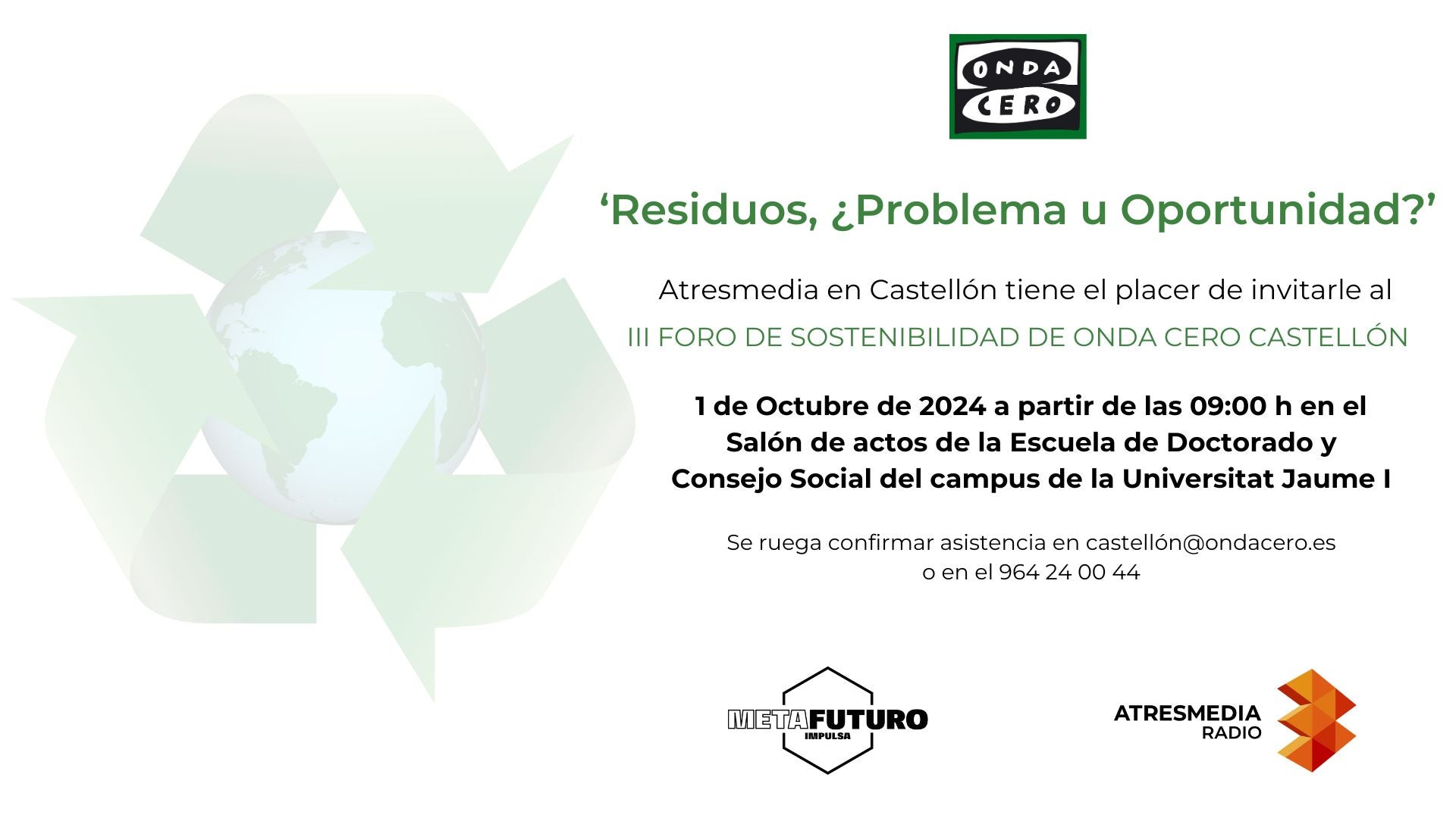 Los residuos serán protagonistas de Metafuturo Impulsa, III Foro de Sostenibilidad de Onda Cero Castellón Los residuos serán protagonistas de Metafuturo Impulsa, III Foro de Sostenibilidad de Onda Cero Castellón