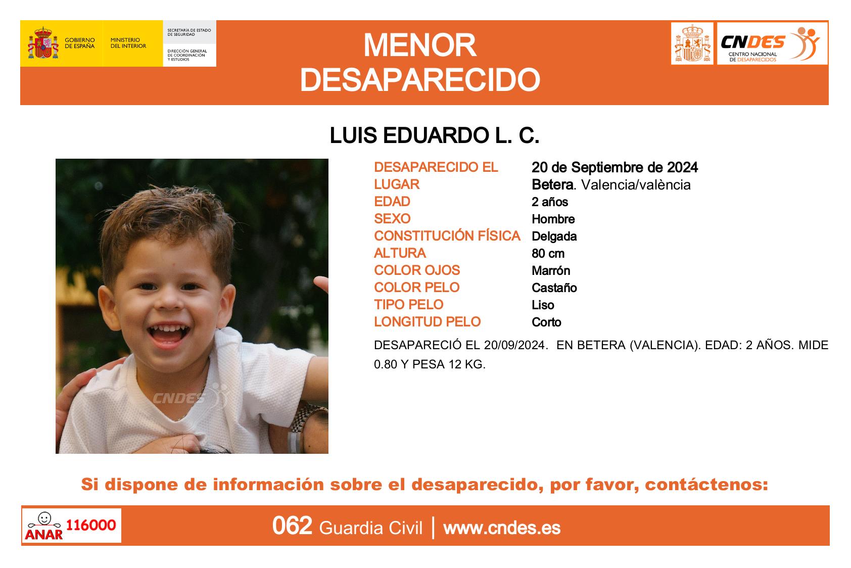 Localizado fuera de territorio español el menor de dos años desaparecido en Bétera (Valencia) Localizado fuera de territorio español el menor de dos años desaparecido en Bétera (Valencia)