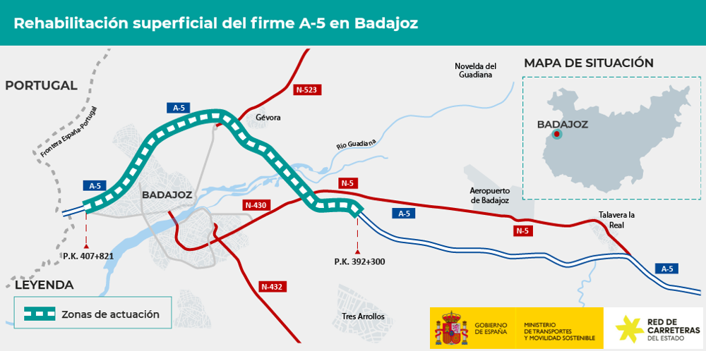 Afectaciones al tráfico por las obras de rehabilitación del firme en la autovía A-5 en Badajoz Afectaciones al tráfico por las obras de rehabilitación del firme en la autovía A-5 en Badajoz