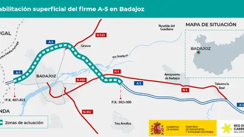 Afectaciones al tráfico por las obras de rehabilitación del firme en la autovía A-5 en Badajoz Afectaciones al tráfico por las obras de rehabilitación del firme en la autovía A-5 en Badajoz