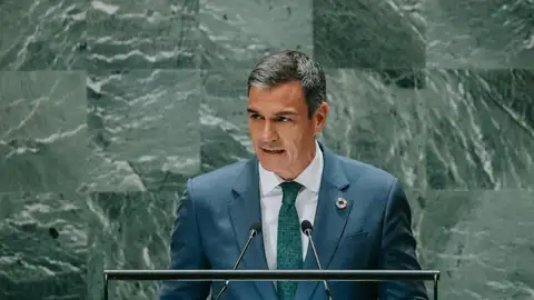 El presidente del Gobierno español, Pedro Sánchez, habla durante el 79º período de sesiones de la Asamblea General de las Naciones Unidas en Nueva York El presidente del Gobierno español, Pedro Sánchez, habla durante el 79º período de sesiones de la Asamblea General de las Naciones Unidas en Nueva York