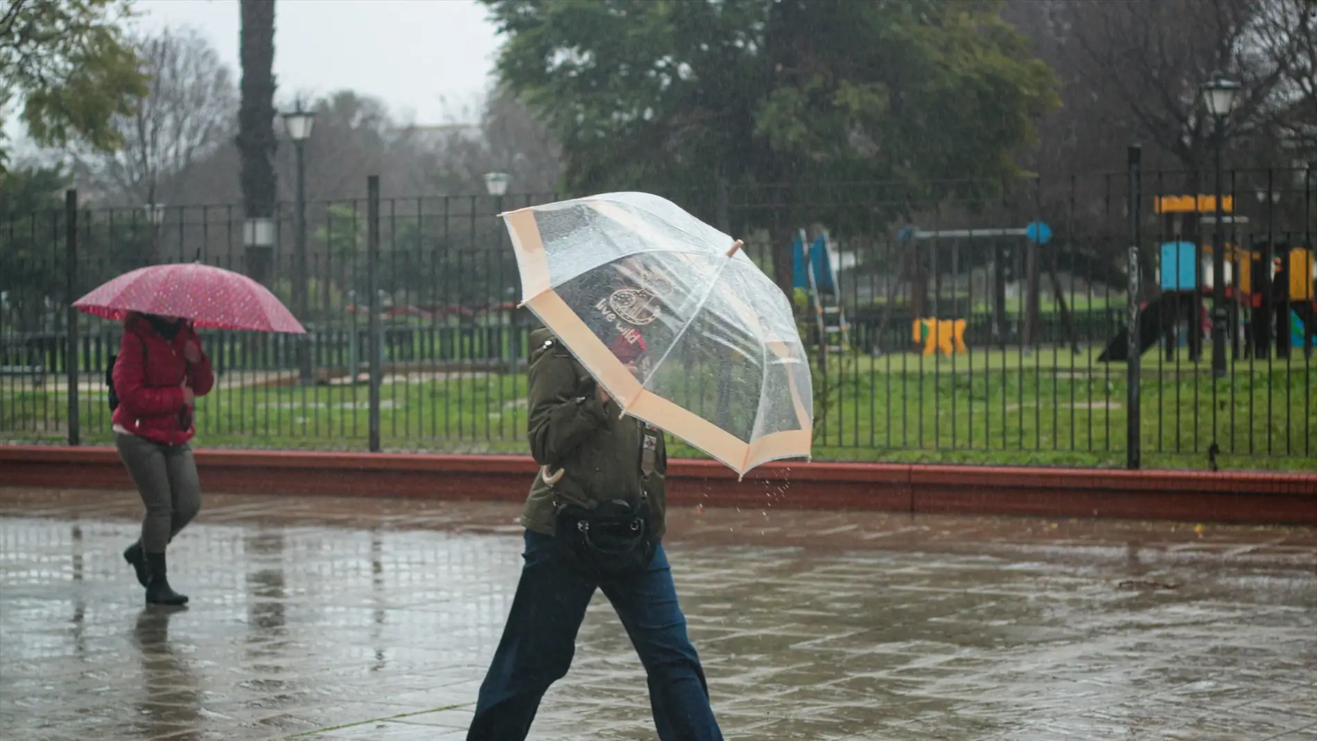 Dos personas se protegen de la lluvia bajo su paraguas. Dos personas se protegen de la lluvia bajo su paraguas.
