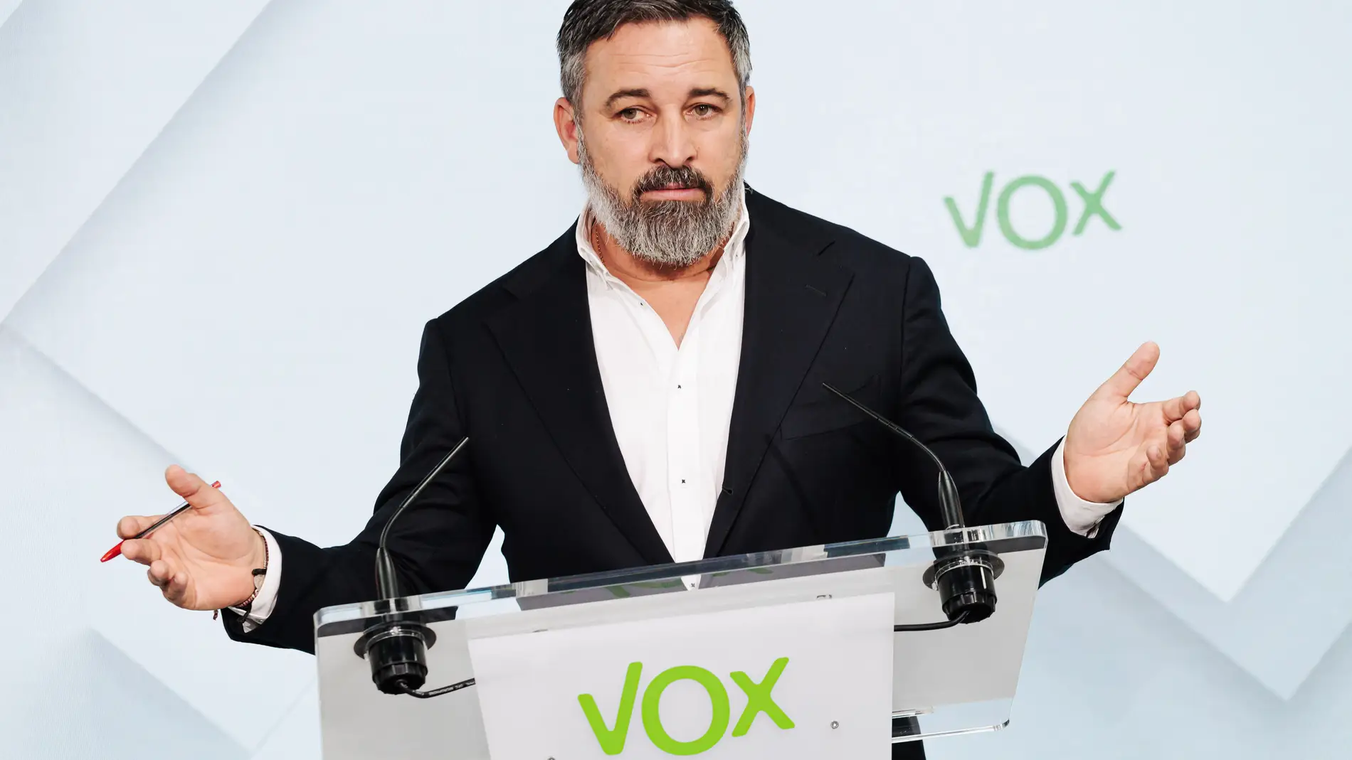 Santiago Abascal, líder de Vox durante una rueda de prensa a los medios Santiago Abascal, líder de Vox durante una rueda de prensa a los medios