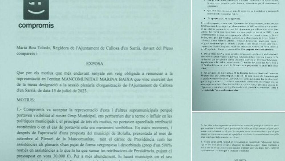 Carta de dimisión de la presidenta de la Mancomunidad