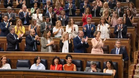 La bancada del PP aplaude a Feijóo durante una sesión extraordinaria en el Congreso de los Diputados. La bancada del PP aplaude a Feijóo durante una sesión extraordinaria en el Congreso de los Diputados.