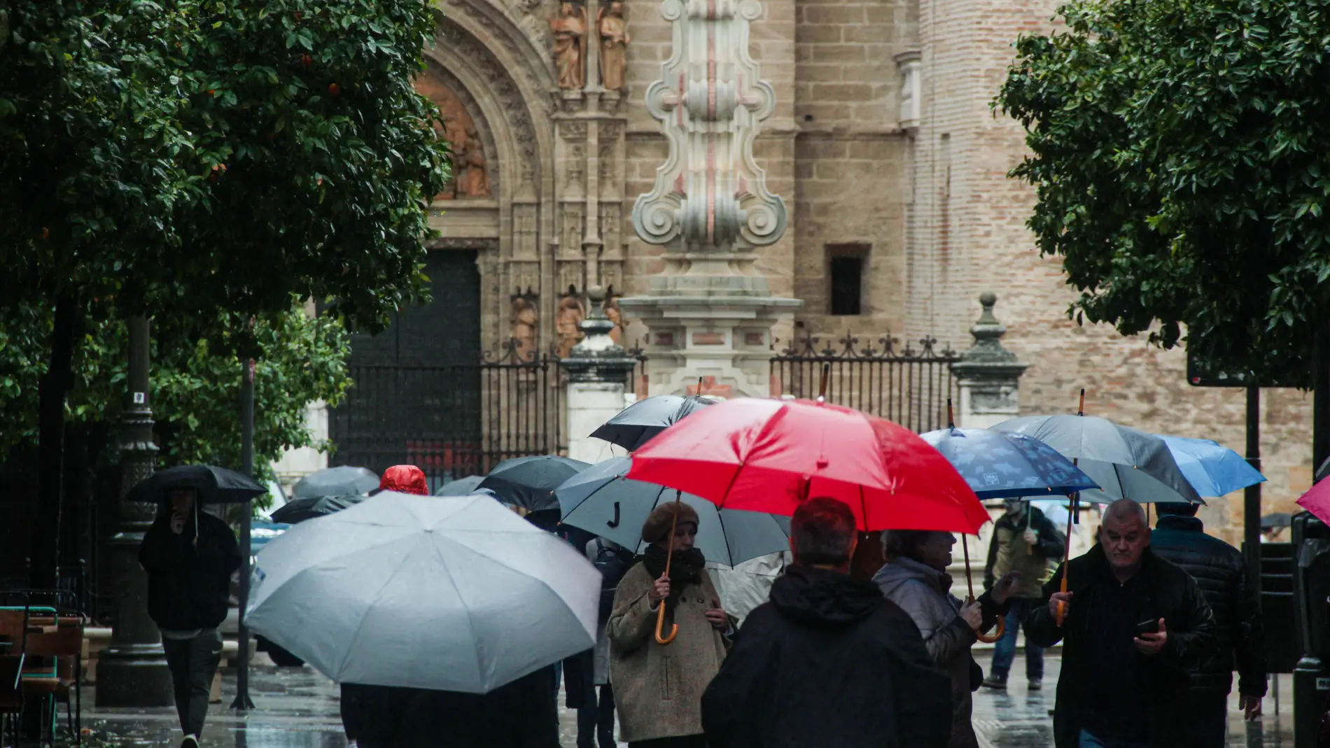 Gente caminando bajo la lluvia en Sevilla Gente caminando bajo la lluvia en Sevilla