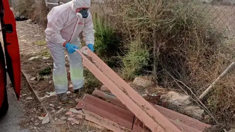 Un operario con protección maneja material de construcción con amianto Un operario con protección maneja material de construcción con amianto