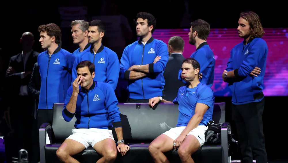 Roger Federer y Rafa Nadal durante la despedida del suizo Roger Federer y Rafa Nadal durante la despedida del suizo