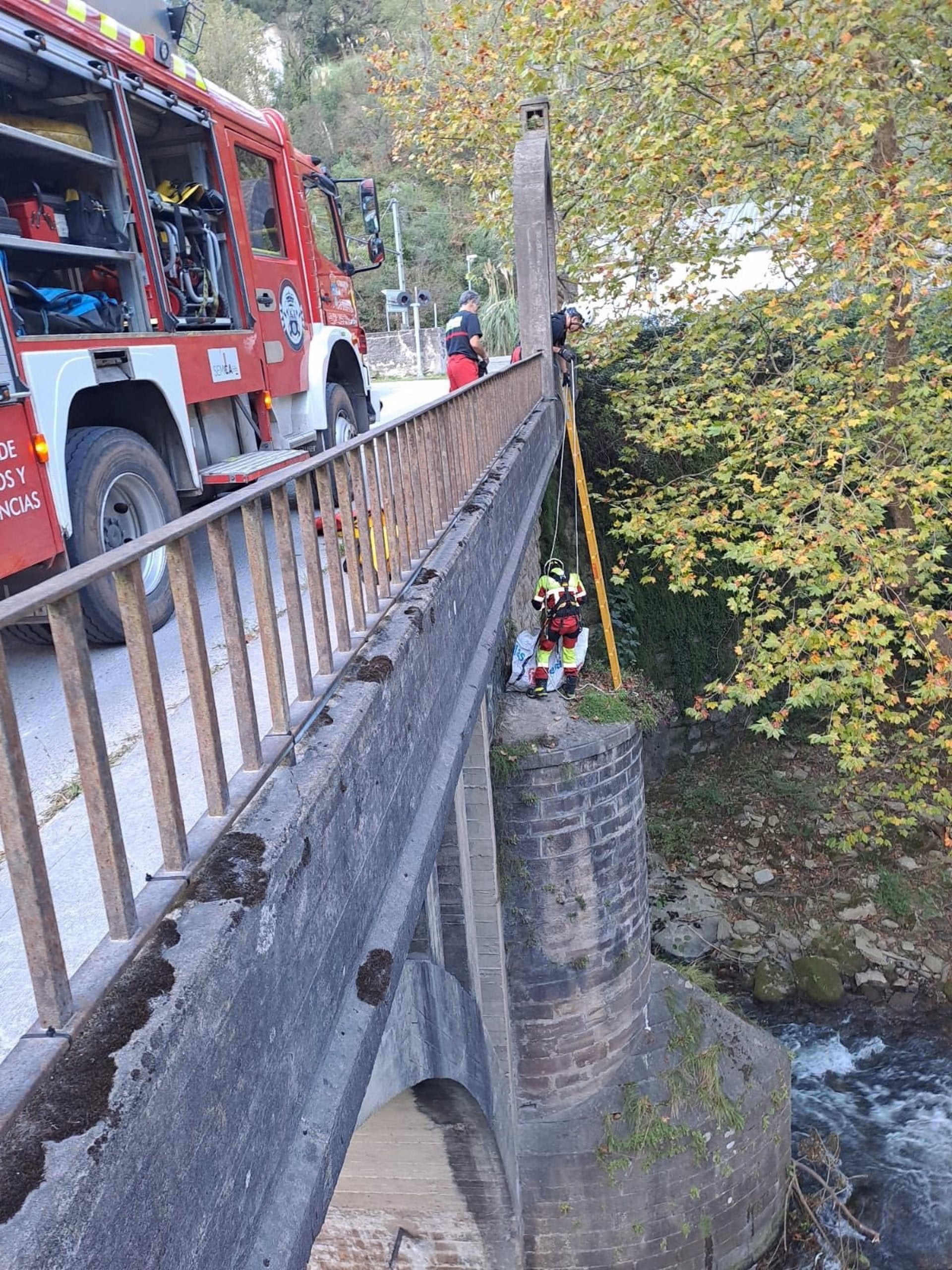 Bomberos rescatan a un perro atrapado en una pilastra del puente de Las Caldas del Besaya Bomberos rescatan a un perro atrapado en una pilastra del puente de Las Caldas del Besaya