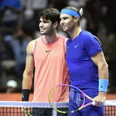 Alcaraz y Nadal, antes de su partido en la Six Kings Slam. Alcaraz y Nadal, antes de su partido en la Six Kings Slam.