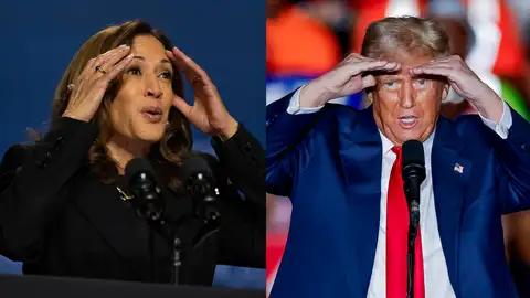 Combo de fotografías donde se observa a la vicepresidenta y candidata demócrata a la presidencia de los Estados Unidos, Kamala Harris y al expresidente y candidato republicano a la presidencia de los Estados Unidos, Donald Trump. Combo de fotografías donde se observa a la vicepresidenta y candidata demócrata a la presidencia de los Estados Unidos, Kamala Harris y al expresidente y candidato republicano a la presidencia de los Estados Unidos, Donald Trump.