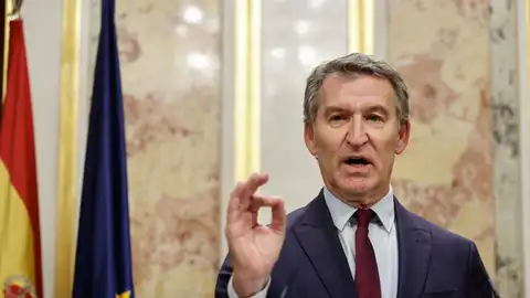 El líder del PP, Alberto Núñez Feijóo, atiende a la prensa en una comparecencia durante el Pleno del Congreso de los Diputados. El líder del PP, Alberto Núñez Feijóo, atiende a la prensa en una comparecencia durante el Pleno del Congreso de los Diputados.