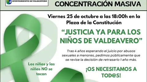Convocada una concentración en Valdeavero para reclamar celeridad en el proceso judicial abierto por unos presuntos abusos sexuales a diez menores de la localidad Cartel de la concentración convocada en Valdeavero para reclamar celeridad a la Justicia