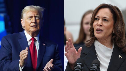 Combo de fotograf&iacute;as donde se observa a los candidatos a la presidencia de Estados Unidos, el expresidente Donald Trump y a la actual vicepresidenta, Kamala Harris. 