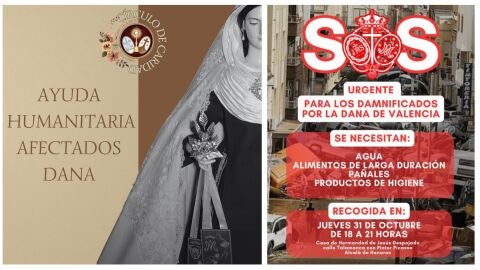 Carteles de las hermandades de Jes&uacute;s Despojado y del Carmen por al recogida de ayuda para los afectados por la DANA