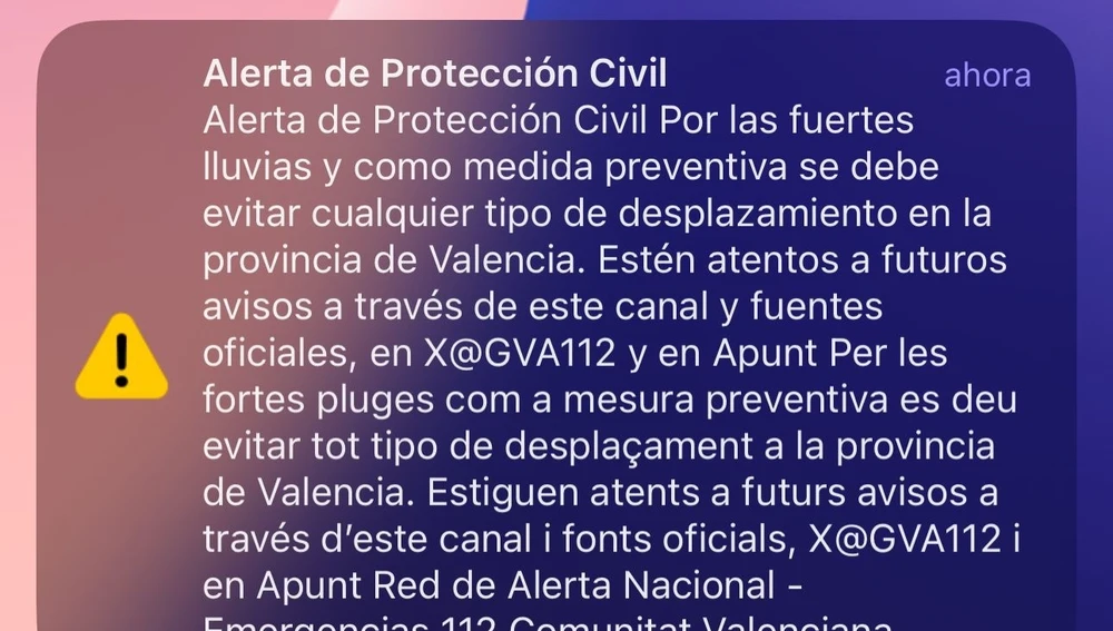 El mensaje de Emergencias por alerta de Protección Civil en Valencia. El mensaje de Emergencias por alerta de Protección Civil en Valencia.