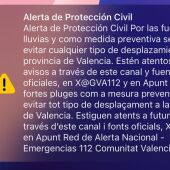 El mensaje de Emergencias por alerta de Protección Civil en Valencia.