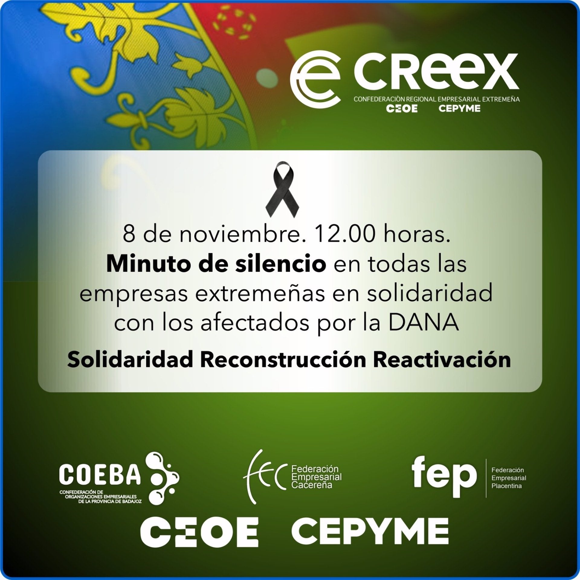 La Creex pide que se guarde un minuto de silencio en las empresas extremeñas este viernes ante los efectos de la DANA La Creex pide que se guarde un minuto de silencio en las empresas extremeñas este viernes ante los efectos de la DANA