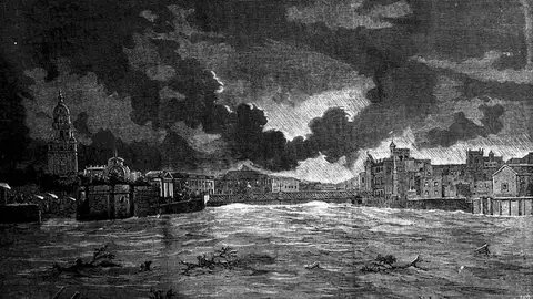 Grabado de la riada de Santa Teresa a su paso por Murcia realizado por Gustave Doré. Grabado de la riada de Santa Teresa a su paso por Murcia realizado por Gustave Doré.