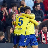 Celebración de un gol de Las Palmas Celebración de un gol de Las Palmas