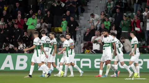 Los jugadores del Elche celebran el gol de José Salinas contra el Almería. Los jugadores del Elche celebran el gol de José Salinas contra el Almería.