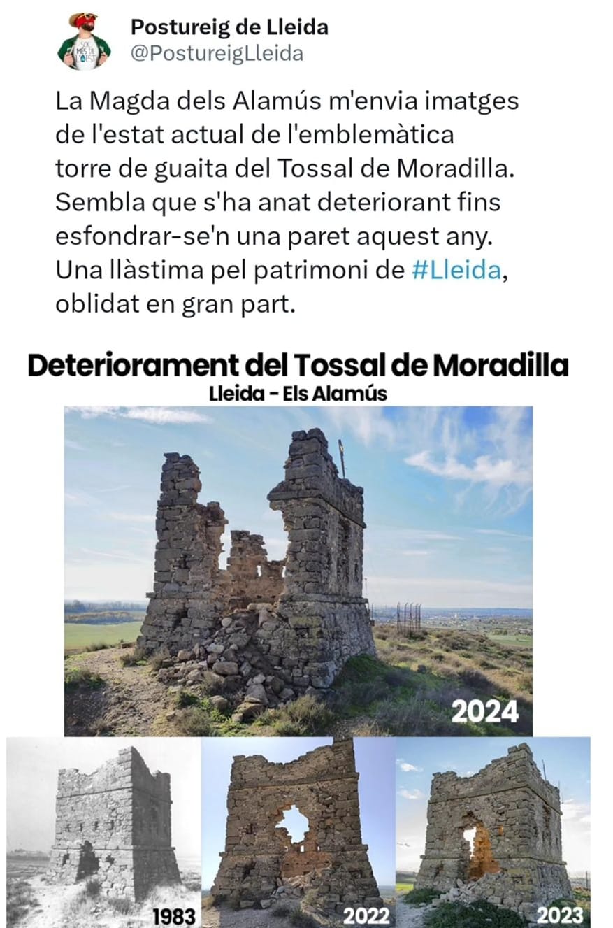 La manca de manteniment del patrimoni es fa evident amb l'ensorrament d'una torre del Tossal de Moradilla La manca de manteniment del patrimoni es fa evident amb l'ensorrament d'una torre del Tossal de Moradilla