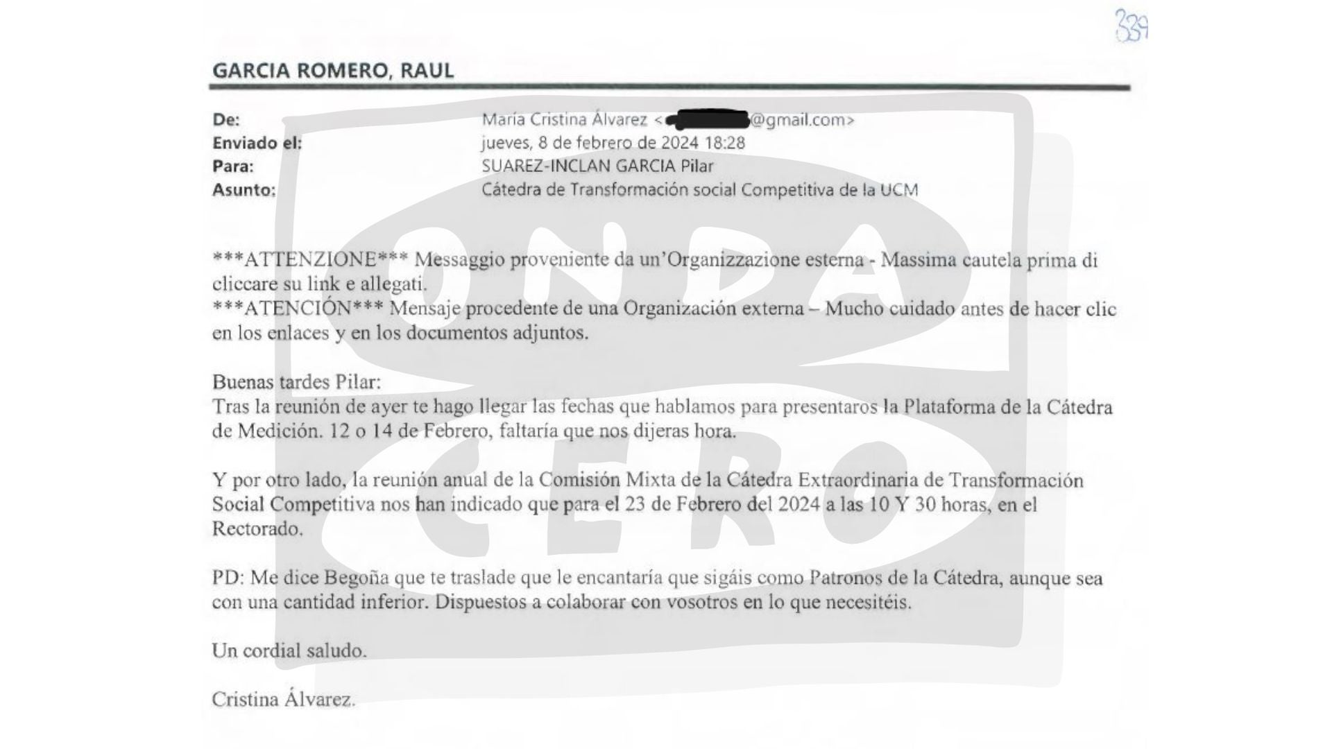 Una asesora de Moncloa señaló a Reale el interés de Begoña Gómez en que siguiera patrocinando la cátedra: "Le encantaría" Una asesora de Moncloa señaló a Reale el interés de Begoña Gómez en que siguiera patrocinando la cátedra: "Le encantaría"