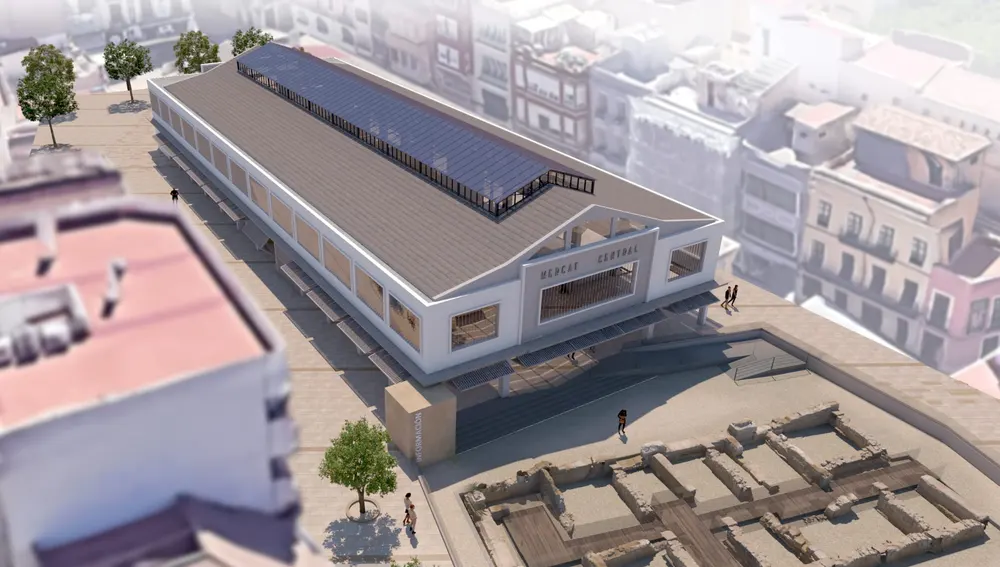 Imagen simulada del Mercado Central de Elche y su entorno después de la rehabilitación proyectada. Imagen simulada del Mercado Central de Elche y su entorno después de la rehabilitación proyectada.