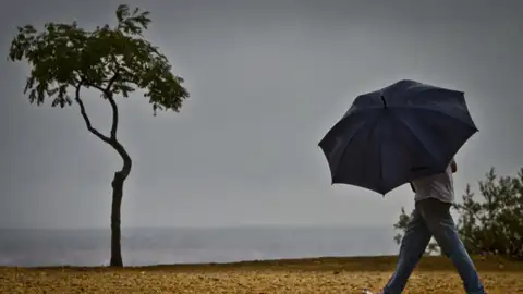 En la imagen de archivo, un hombre sostiene su paraguas mientras camina por la zona de El Conquero. En la imagen de archivo, un hombre sostiene su paraguas mientras camina por la zona de El Conquero.