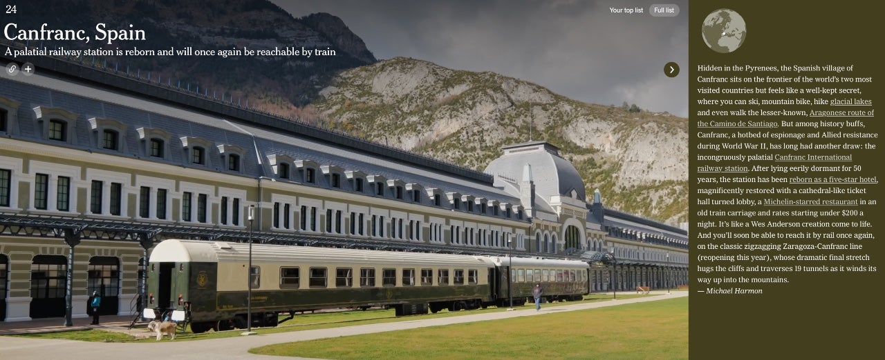 The New York Times elige Canfranc como uno de los destinos a visitar en 2025 The New York Times elige Canfranc como uno de los destinos a visitar en 2025