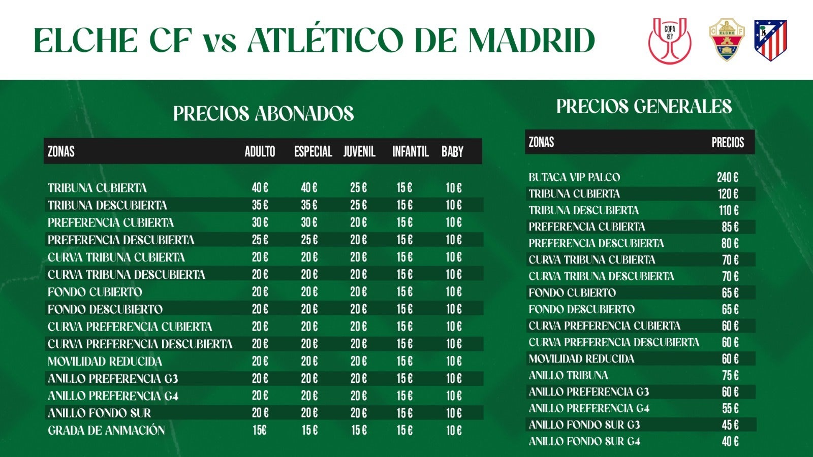 Copa del Rey: Los abonados pagarán entre 15 y 40 euros para el Elche-Atlético de Madrid Copa del Rey: Los abonados pagarán entre 15 y 40 euros para el Elche-Atlético de Madrid