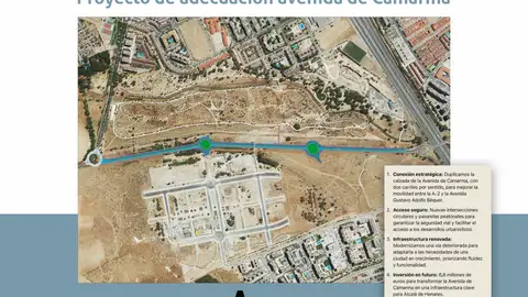 El Ayuntamiento de Alcalá aprueba el proyecto de adecuación de la avenida de Camarma Cartel del proyecto de adecuación de la avenida de Camarma