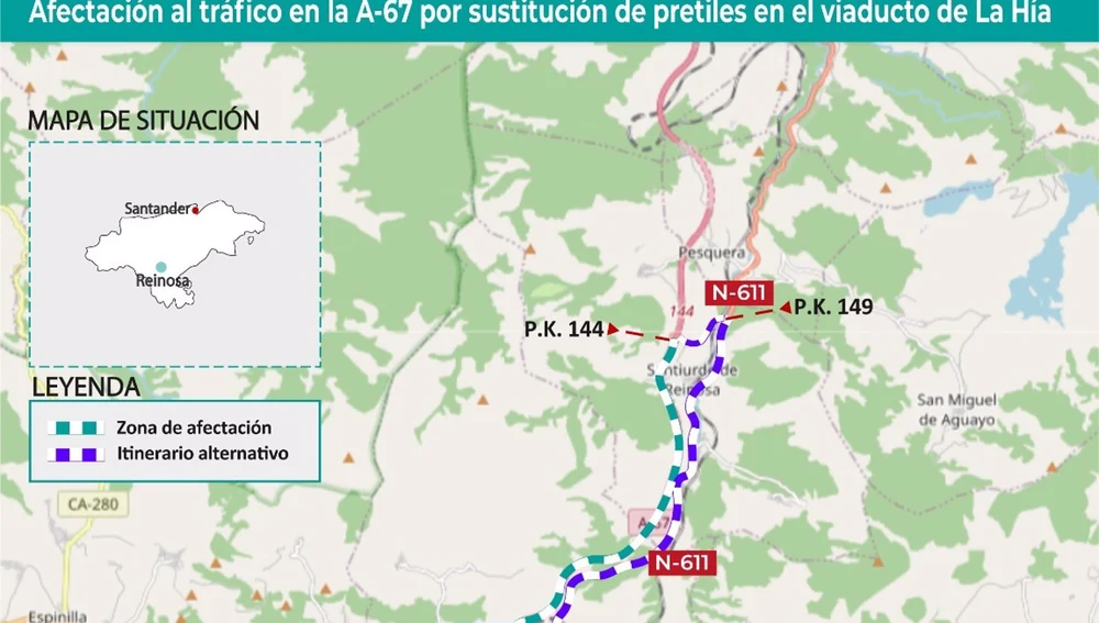 La calzada derecha de la A-67 se cortará al tráfico entre los enlaces de Reinosa Norte hasta el de Santiurde La calzada derecha de la A-67 se cortará al tráfico entre los enlaces de Reinosa Norte hasta el de Santiurde