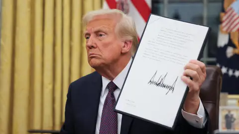 El presidente de Estados Unidos, Donald Trump, muestra una de las órdenes ejecutivas que acaba de firmar El presidente de Estados Unidos, Donald Trump, muestra una de las órdenes ejecutivas que acaba de firmar/ REUTERS/Carlos Barria