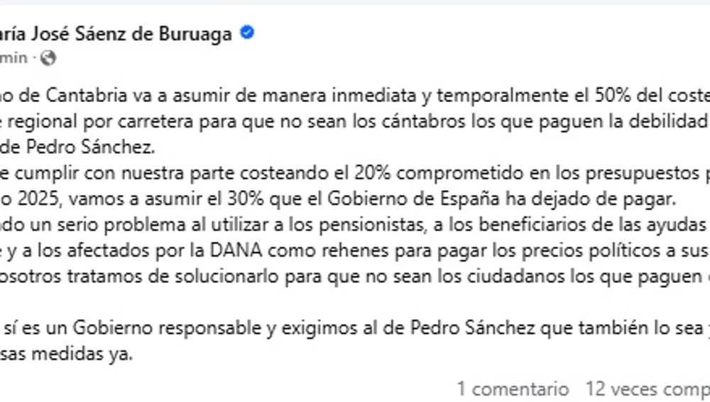 Anuncio de la presidenta de Cantabria a través de Facebook Anuncio de la presidenta de Cantabria a través de Facebook