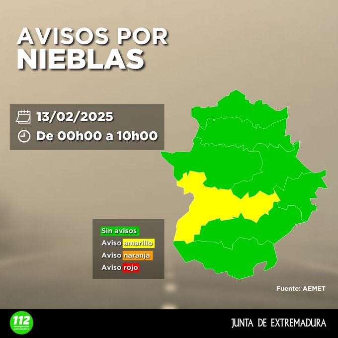 Las Vegas de Guadiana permanecerán hasta las 10 de la mañana de este jueves en aviso amarillo por niebla Las Vegas de Guadiana permanecerán hasta las 10 de la mañana de este jueves en aviso amarillo por niebla