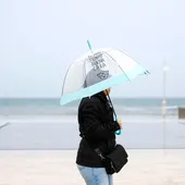 Una mujer se protege con un paraguas de la lluvia Una mujer se protege con un paraguas de la lluvia