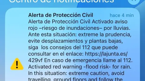 Aviso #EsAlert que han recibido en sus móviles los ciudadanos de la comarca de la Serranía de Ronda debido al aviso rojo extremo de riesgo por inundaciones por lluvias. Aviso #EsAlert que han recibido en sus móviles los ciudadanos de la comarca de la Serranía de Ronda debido al aviso rojo extremo de riesgo por inundaciones por lluvias.