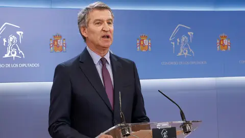 El líder del PP, Alberto Núñez Feijóo durante la rueda de prensa en el Congreso, tras su reunión con Pedro Sánchez El PP quiere replicar el modelo de Mazón a otras CCAA: pactos con Vox, endurecimiento en inmigración y rechazo al Pacto Verde