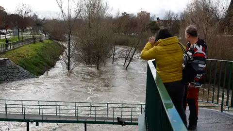 Dos personas observan el caudal del río Manzanares este viernes en Madrid. Dos personas observan el caudal del río Manzanares este viernes en Madrid.