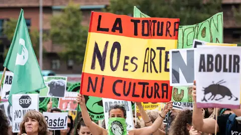 Decenas de personas participan, con pancartas, en una manifestación antitaurina Decenas de personas participan, con pancartas, en una manifestación antitaurina