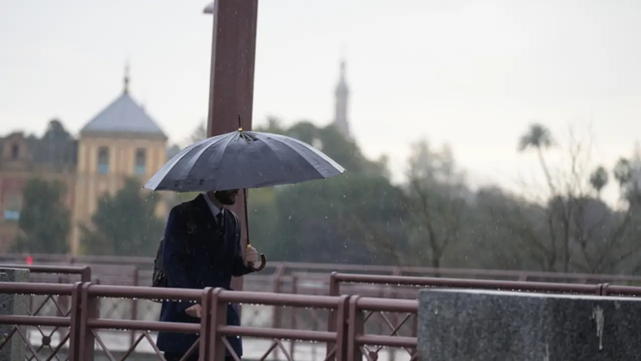 Una persona se protege de la lluvia con un paraguas. A 03 de marzo de 2025, en Sevilla (Andalucía, España). Una persona se protege de la lluvia con un paraguas. A 03 de marzo de 2025, en Sevilla (Andalucía, España).