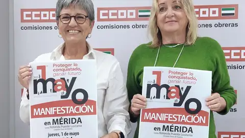 La secretaria general de UGT Extremadura, Patrocinio Sánchez, y la de CCOO Extremadura, Encarna Chacón, con el cartel de la manifestación del 1º de Mayo de 2025. La secretaria general de UGT Extremadura, Patrocinio Sánchez, y la de CCOO Extremadura, Encarna Chacón, con el cartel de la manifestación del 1º de Mayo de 2025.
