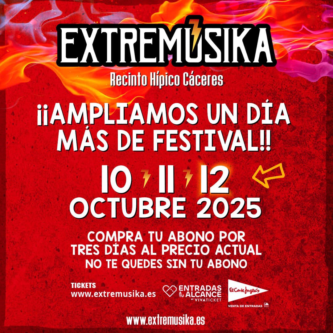 El festival Extremúsika de Cáceres se amplía a tres días, y se celebrará del 10 al 12 de octubre El festival Extremúsika de Cáceres se amplía a tres días, y se celebrará del 10 al 12 de octubre