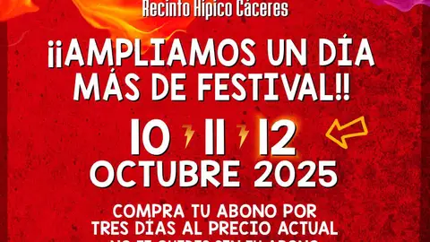 El festival Extremúsika de Cáceres se amplía a tres días, y se celebrará del 10 al 12 de octubre El festival Extremúsika de Cáceres se amplía a tres días, y se celebrará del 10 al 12 de octubre