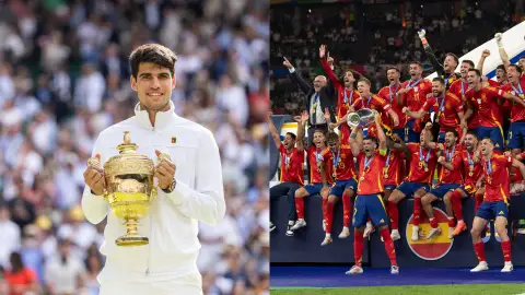 Carlos Alcaraz con la copa de Wimbledon y la selección española levantando la Eurocopa Carlos Alcaraz con la copa de Wimbledon y la selección española levantando la Eurocopa