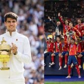 Carlos Alcaraz con la copa de Wimbledon y la selección española levantando la Eurocopa