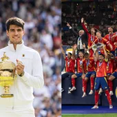 Carlos Alcaraz con la copa de Wimbledon y la selección española levantando la Eurocopa Carlos Alcaraz con la copa de Wimbledon y la selección española levantando la Eurocopa