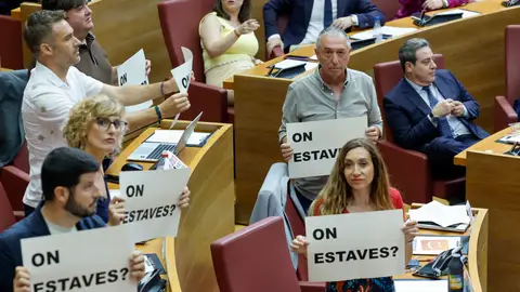 El portavoz de Compromís, Joan Baldoví, y los demás diputados de la formación muestran carteles durante el pleno de Les Corts. El portavoz de Compromís, Joan Baldoví, y los demás diputados de la formación muestran carteles durante el pleno de Les Corts.