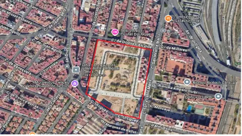 En rojo, terrenos del antiguo Cuatel de Ingnieros urbanización